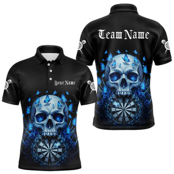 Maxcorners Custom Blue Butterflies Skull Head Flowers Dartboard Men Darts Polo Shirt, Dart Jerseys LM2603