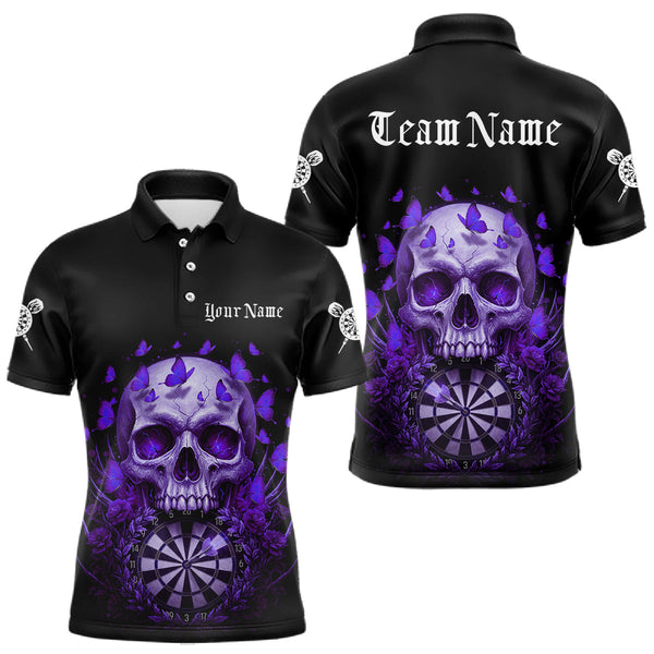 Maxcorners Custom Purple Butterflies Skull Head Flowers Dartboard Men Darts Polo Shirt, Dart Jerseys TU0411