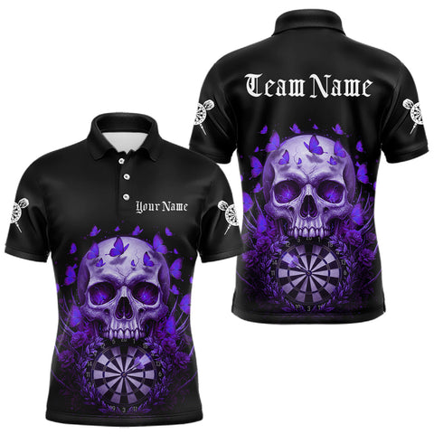 Maxcorners Custom Purple Butterflies Skull Head Flowers Dartboard Men Darts Polo Shirt, Dart Jerseys TU0411