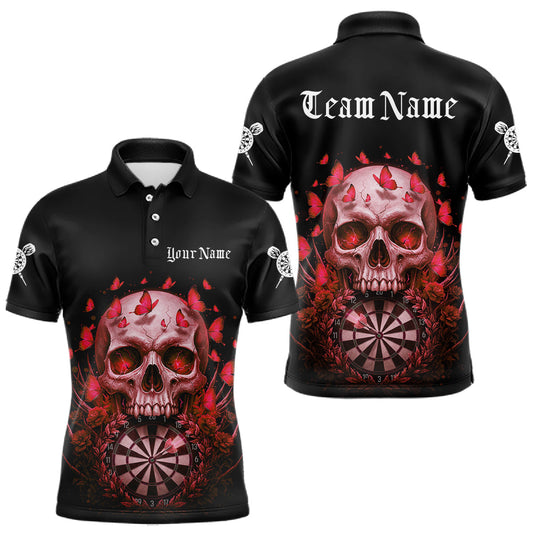 Maxcorners Custom Red Butterflies Skull Head Flowers Dartboard Men Darts Polo Shirt, Dart Jerseys LM2603