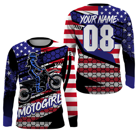 Maxcorners MotoGirl Custom Motocross Jersey Women Biker Patriotic Dirt Bike Shirt American Flag LM2809