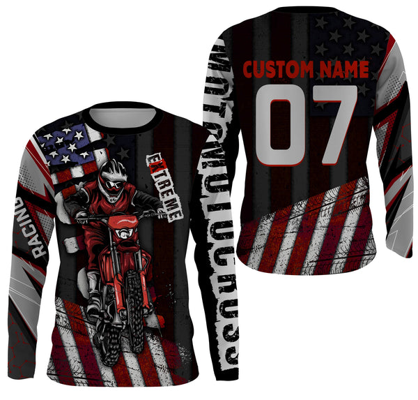 Maxcorners Personalized Motocross Jersey UPF30+, American Flag Dirt Bike Racing Shirt, Off-Road Rider Racewear LM2809