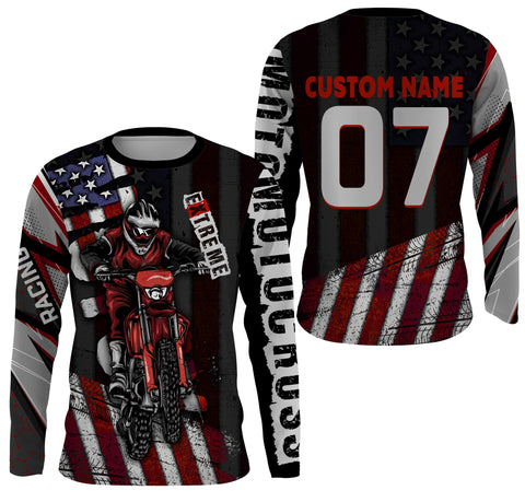 Maxcorners Personalized Motocross Jersey UPF30+, American Flag Dirt Bike Racing Shirt, Off-Road Rider Racewear LM2809