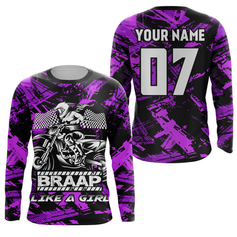 Maxcorners Brap Like A Girl Personalized Motocross Jersey UPF30+ Purple Women Girls Dirt Bike Racing Shirt LM2809