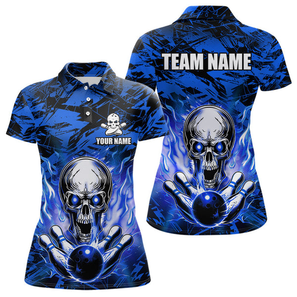 Maxcorners Personalized Blue Flame Skull Bowling Jersey Camo Polo Bowling Team Shirt MT0604
