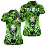Maxcorners Personalized Green Flame Skull Bowling Jersey Camo Polo Bowling Team Shirt MT0604