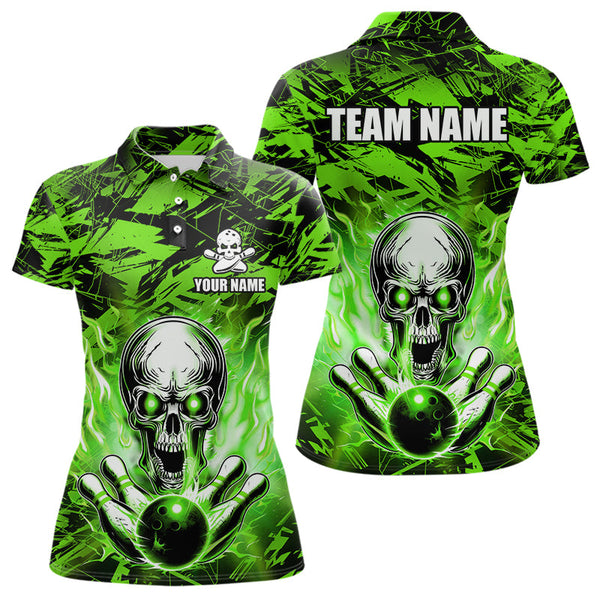 Maxcorners Personalized Green Flame Skull Bowling Jersey Camo Polo Bowling Team Shirt MT0604