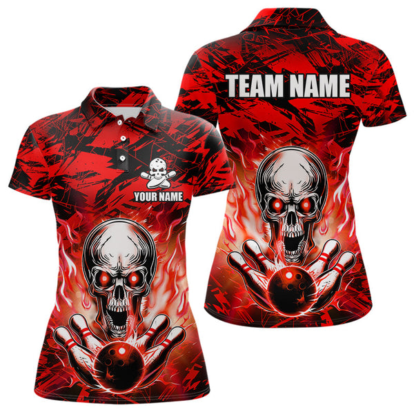 Maxcorners Personalized Red Flame Skull Bowling Jersey Camo Polo Bowling Team Shirt MT0604