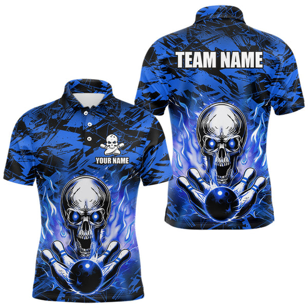 Maxcorners Personalized Blue Flame Skull Bowling Jersey Camo Polo Bowling Team Shirt MT0604