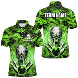 Maxcorners Personalized Green Flame Skull Bowling Jersey Camo Polo Bowling Team Shirt MT0604