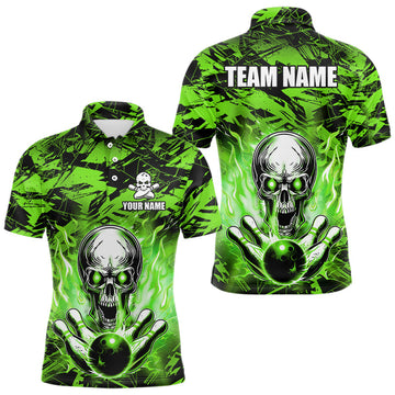 Maxcorners Personalized Green Flame Skull Bowling Jersey Camo Multicolor Polo Bowling Team