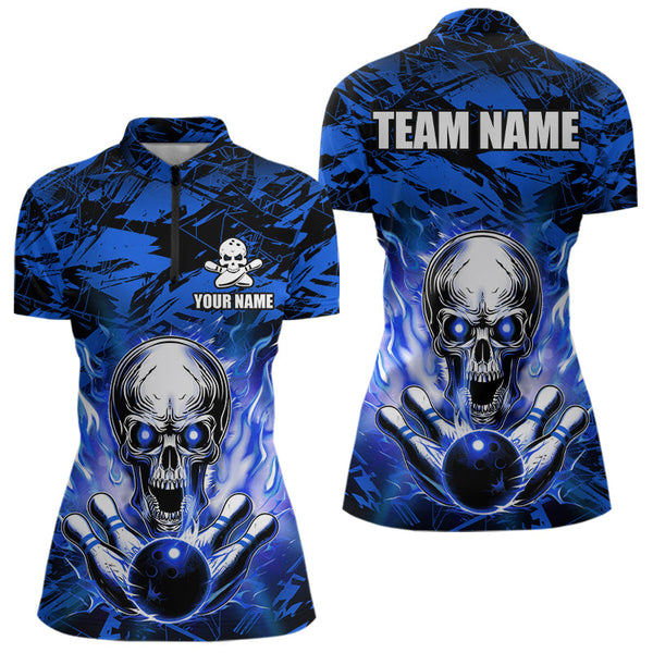 Maxcorners Personalized Blue Flame Skull Bowling Jersey Camo Polo Bowling Team Shirt MT0604