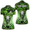 Maxcorners Personalized Green Flame Skull Bowling Jersey Camo Multicolor Polo Bowling Team