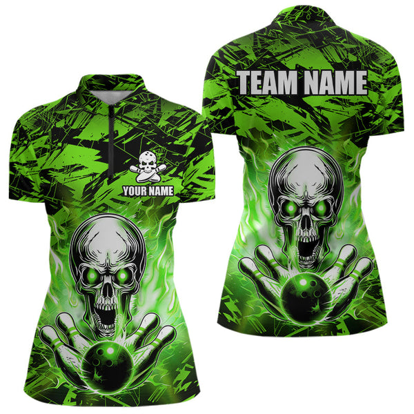 Maxcorners Personalized Green Flame Skull Bowling Jersey Camo Polo Bowling Team Shirt MT0604