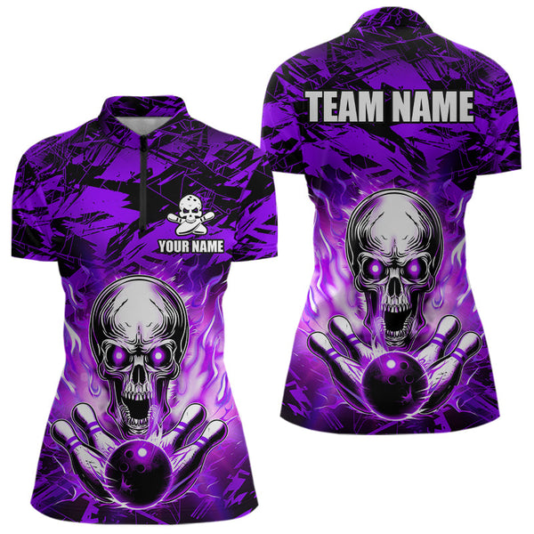 Maxcorners Personalized Purple Flame Skull Bowling Jersey Camo Quarter-Zip Bowling Team Shirt MT0604