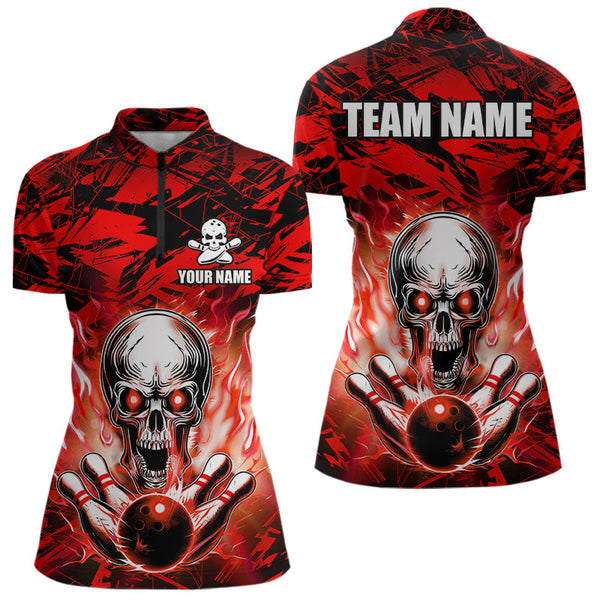Maxcorners Personalized Red Flame Skull Bowling Jersey Camo Polo Bowling Team Shirt MT0604