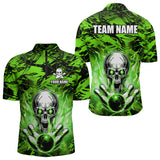 Maxcorners Personalized Green Flame Skull Bowling Jersey Camo Polo Bowling Team Shirt MT0604