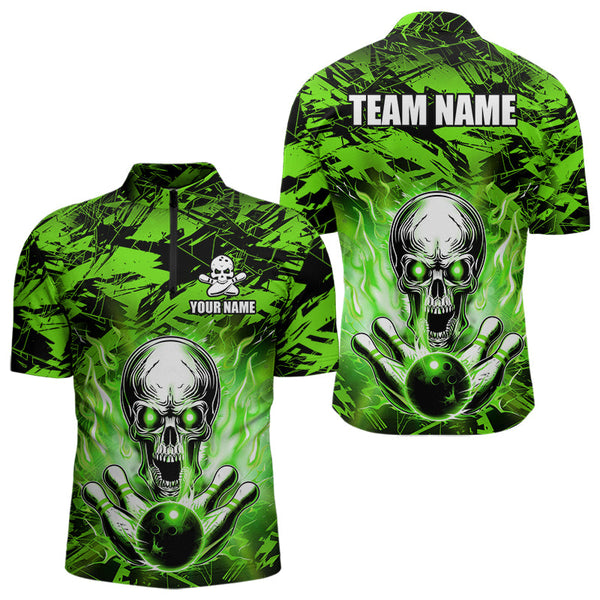 Maxcorners Personalized Green Flame Skull Bowling Jersey Camo Polo Bowling Team Shirt MT0604