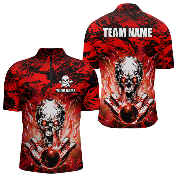Maxcorners Personalized Red Flame Skull Bowling Jersey Camo Polo Bowling Team Shirt MT0604