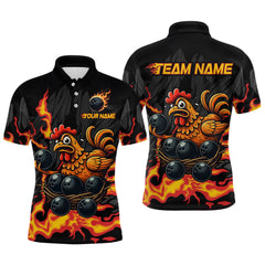 Maxcorners Personalized Chicken Bowling Shirt Orange Flame Bowling for Men Team League Polo & Quarter-Zip TU1407