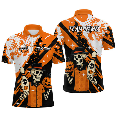 Maxcorners Orange Funny Skull Bowling Shirt for Men Personalized Polo & 1/4-Zip Bowling Jersey Halloween LM1109