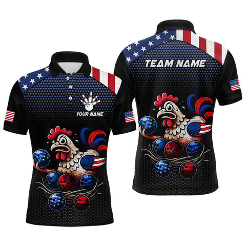 Maxcorners Custom American Flag Funny Chicken Bowling Team Jersey for Men Polo Bowling Shirt Unisex LM2110