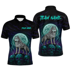 Maxcorners Teal And Purple Wolf & Skull Bowling Team Shirt for Men Custom Bowling League Jersey Bowling Unisex LM2608