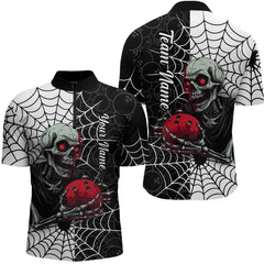 Maxcorners Black and White Skull Bowling Team Shirt Custom Spider Bowling Jersey Men Halloween Bowling Outfit LM0409