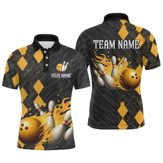 Maxcorners Flame Yellow Bowling Team Shirt Custom Bowling Jersey for Men Women Flame Polo Shirt