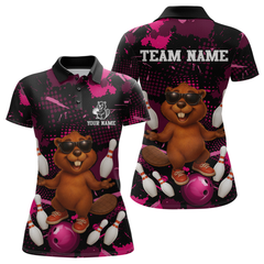 Maxcorners Custom Pink Funny Beaver Bowling Team Shirt Men Bowling League Jersey Polo Bowling Outfit LM0409