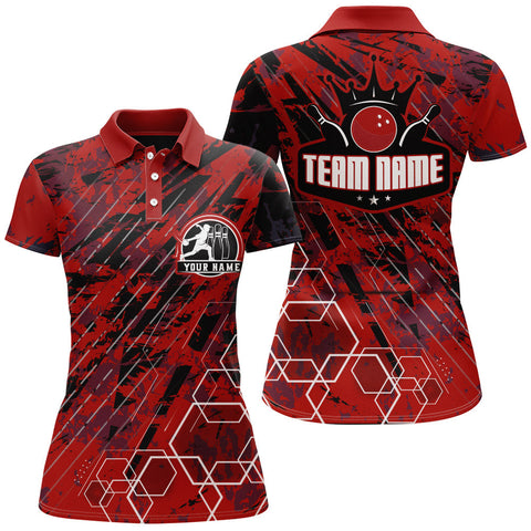 Maxcorners Custom Black&Red King Crown Bowling Shirt For Women Personalized Bowling Team Jersey Bowling Polo Shirt