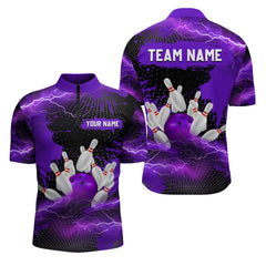 MaxCorners Bowling And Pin Lightning Thunder Customized Name 3D Stand Collar Zipper Polo Shirt Unisex