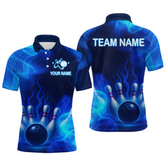 Maxcorners Blue Flaming Bowling Shirts for Women Men Custom Team Bowling Polo & Quarter Zip LM1708