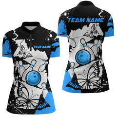 Maxcorners Custom Blue Butterflies Bowling Shirt for Men Women Team Bowling Polo&Quater Zip