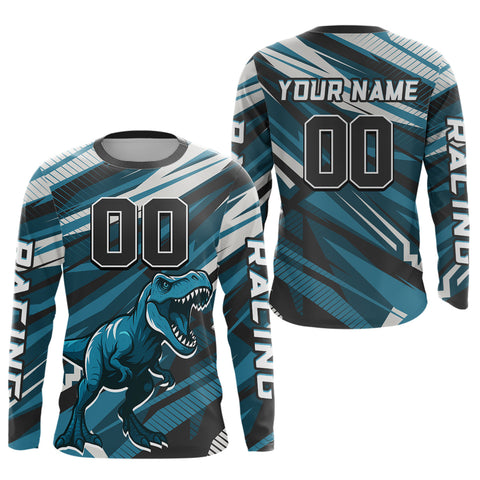 Maxcorners Dinosaur Motocross Jersey Custom Blue Dirt Bike Shirts for Men Kid Women Upf30+ LM2809