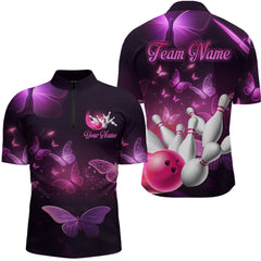Maxcorners Purple Butterflies Bowling Shirts Men Women Team Bowling Jerseys Polo and Zip Shirt