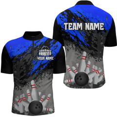 Maxcorners Custom Blue Bowling Shirt forMen Women Team Bowling Jersey Bowling Polo & 1/4 Zip