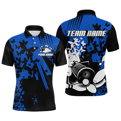 Maxcorners Custom Blue Butterflies Bowling Shirts for Men Women Bowling Jersey Team Name