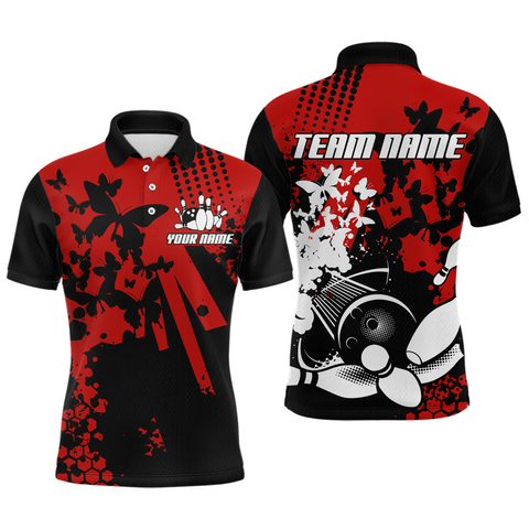 Maxcorners Custom Red Butterflies Bowling Shirts for Men Women Bowling Jersey Team Name