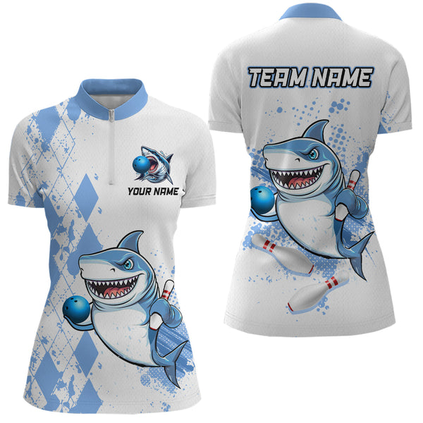 Maxcorners Blue Shark Bowling Custom Men Bowling Shirt Polo & Quarter-Zip Bowling Team Jerseys