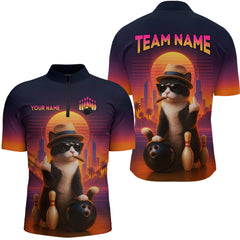Maxcorners Custom Funny Cat Bowling Jersey for Women Bowling Uniform Polo & 1/4 Zip Bowling Team Shirt LM1008