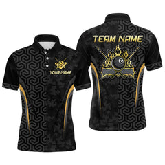 Maxcorners Custom Black Gold 8 Ball Flame Billiard Shirts for Men, Bowling Team Polo & 1/4 Zip Shirts MT1007