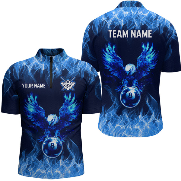 Maxcorners Personalized Blue Eagle Flaming 8 Ball Pool Bliiard Polo & 1/4 Zip, Billiard Shirt for Men, Billiard Team Jerseys LM133