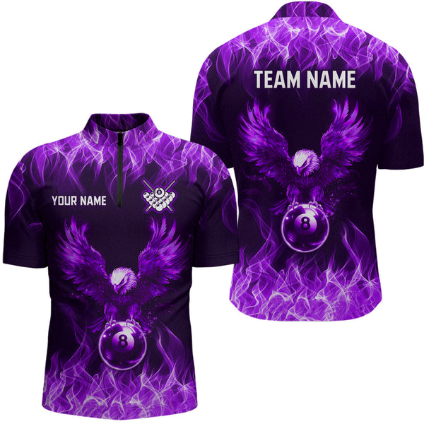 Maxcorners Personalized Purple Eagle Flaming 8 Ball Pool Bliiard Polo & 1/4 Zip, Billiard Shirt for Men, Billiard Team Jerseys LM133