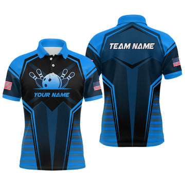 Maxcorners Custom Blue Bowling Jersey for Men Bowling Team Shirts Bowling Uniform Polo & 1/4 Zip