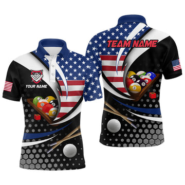 Maxcorners Custom US Flag 8 Ball Billiard Shirts for Men Billiard Team Shirts Billiard League Polo & 1/4 Zipper LM0412
