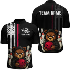 Maxcorners Custom American Flag Bear Bowling Men Polo & 1/4 Zip Shirts Bowling Team Jerseys LM3006
