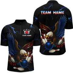 Maxcorners Blue Thunder US Flag Eagle Bowling Shirts for Men Team Bowling Polo & Quarter-Zip LM3006