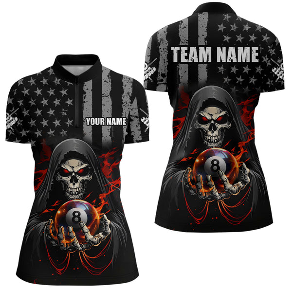 Maxcorners Personalized American Flag Skull Billiard Team Jersey for Men Polo & 1/4 Zip Shirts