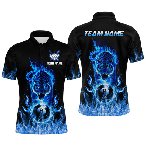Maxcorners Custom Blue Tiger Flaming 8 Ball Pool Men Billiard Polo & 1/4 Zip Shirts Billiard Team Shirt MT2709
